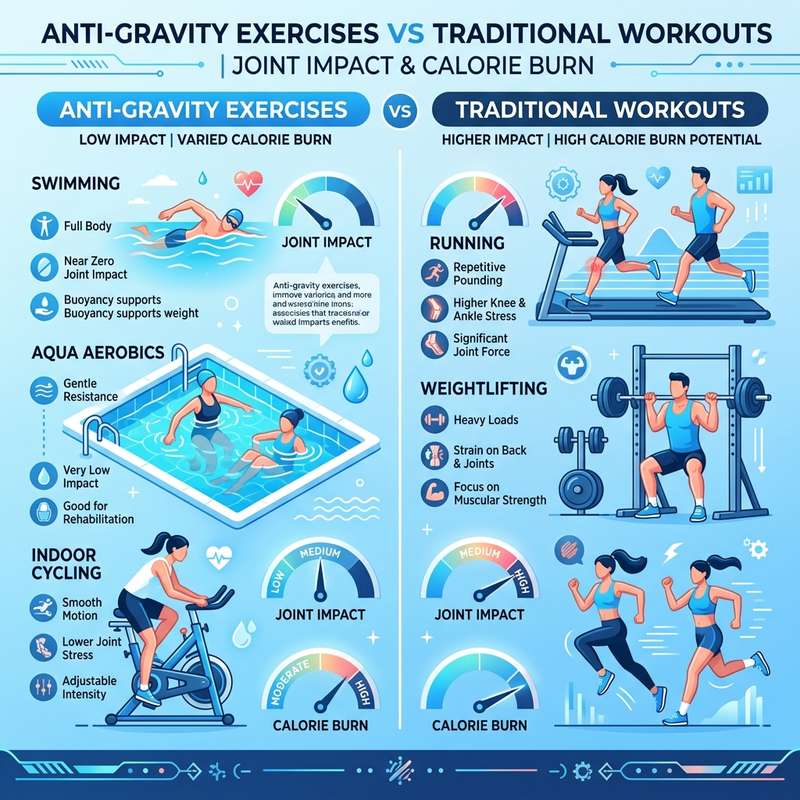 Infographic comparing anti-gravity exercises vs traditional workouts for joint impact and calorie burn